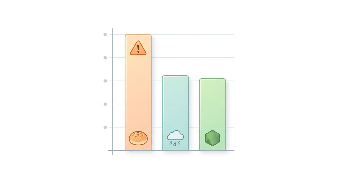 A clean, minimal infographic-style illustration on a white background. A bar chart comparing three runtimes (labeled with icons: a bun, a rain cloud for Deno, and a green hexagon for Node). The "Bun" bar is significantly taller but has a small "warning" icon at the top representing latency. Soft pastel greens and oranges. Modern editorial style. No text.