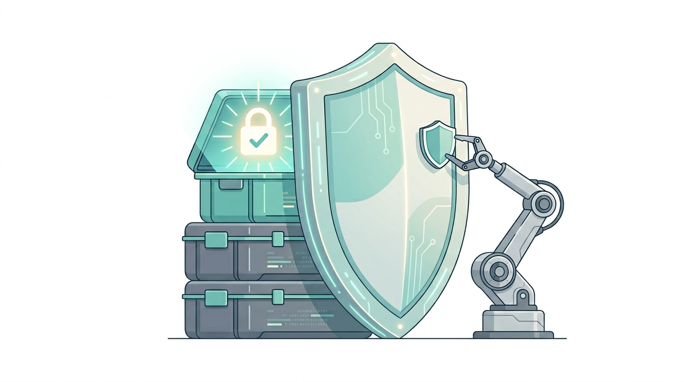 A clean, minimal infographic-style illustration on a white background. A large, stylized shield protecting a stack of three containers. The top container is slightly open, showing a glowing "secure" icon. A small robot arm is carefully placing a "security" badge on the shield. Soft pastel teals and greys. Modern editorial style. No text.