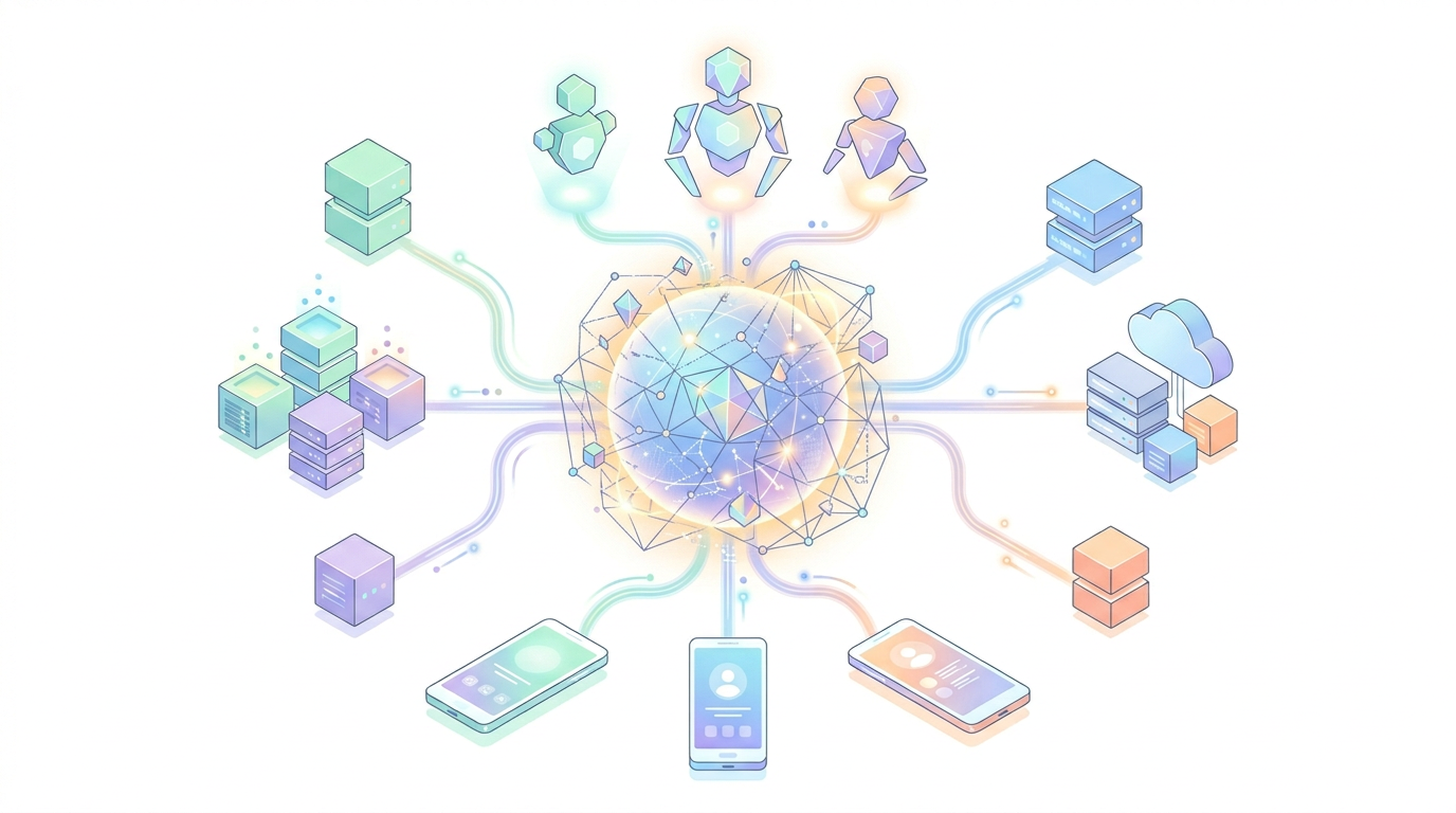 A clean, minimal infographic-style illustration on a white background. A central glowing sphere represents a REST API, with various geometric nodes (representing AI agents, mobile phones, and servers) connecting to it via soft, pulsing lines. Soft pastel colors, geometric shapes, modern editorial style. No text.