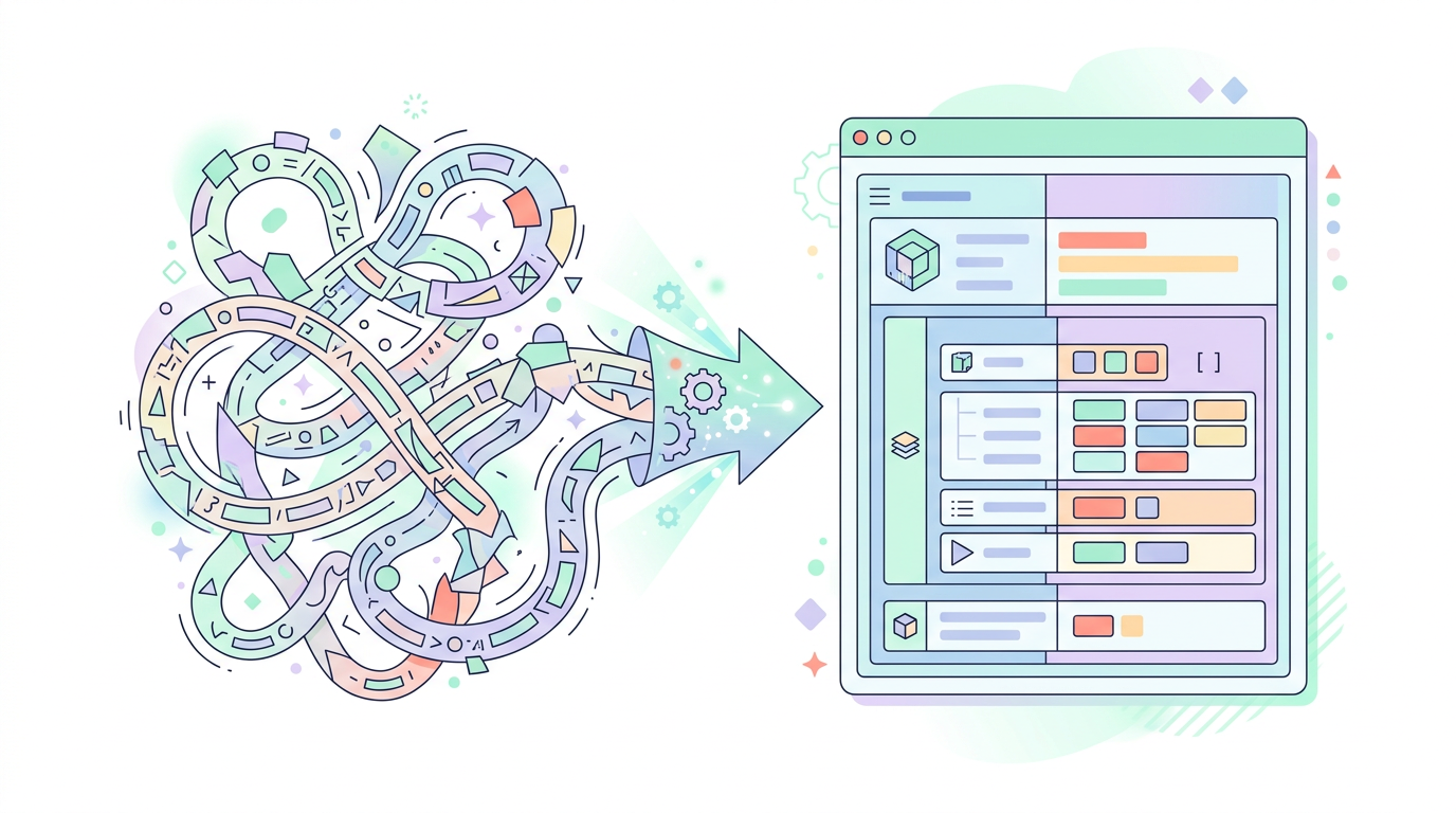 A clean, minimal infographic-style illustration on a white background. A visual comparison of a messy, long URL string being transformed into a neat, structured JSON block inside a "QUERY" container. Soft pastel colors, geometric shapes, modern editorial style. No text.