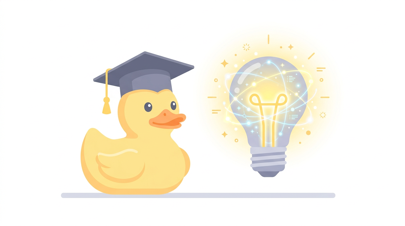 A stylized yellow rubber duck wearing a graduation cap, sitting next to a glowing holographic lightbulb.