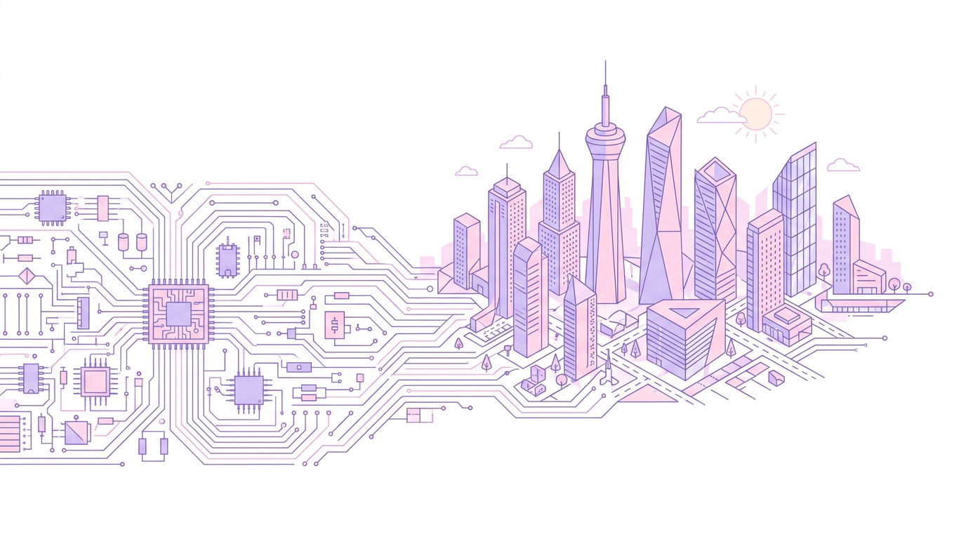 A blueprint of a complex digital circuit board morphing into a city skyline.