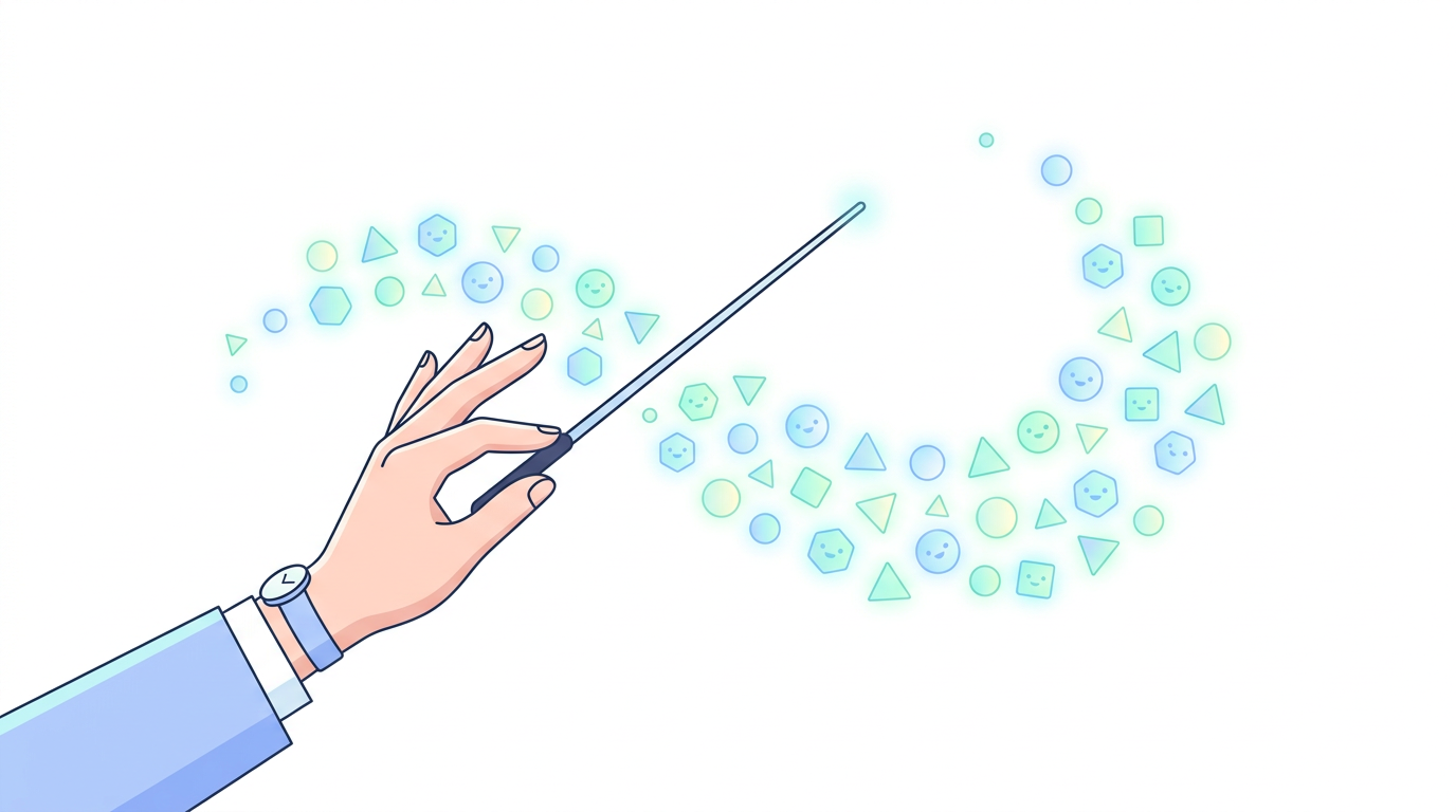 A human hand holding a conductor's baton, directing a group of small, friendly, glowing geometric shapes that represent AI agents.