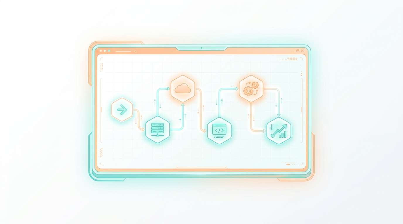 A futuristic computer screen showing a simple node-based workflow where different icons are connected by glowing lines.