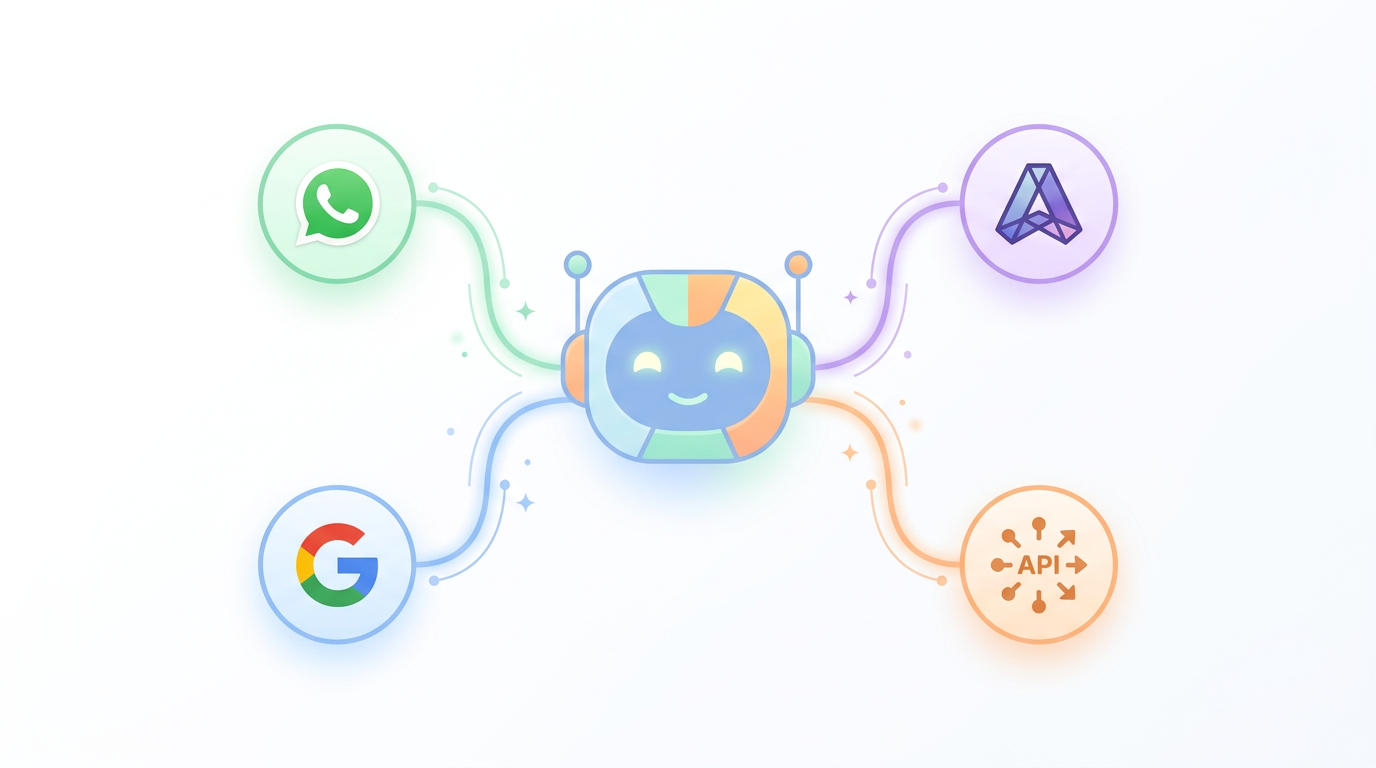 An AI agent represented by a friendly, abstract geometric robot head interacting with multiple API nodes (WhatsApp, Google, Anthropic).