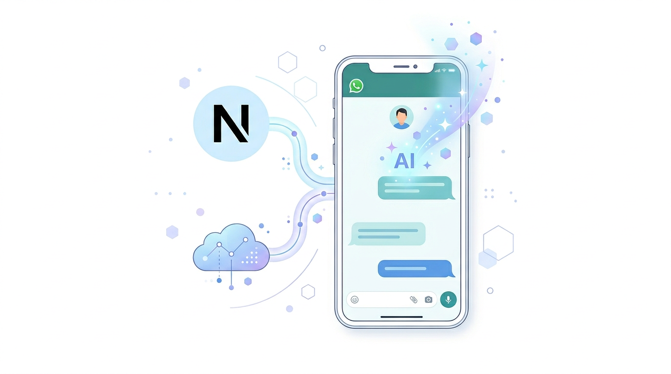 A modern smartphone displays a WhatsApp chat interface with glowing AI sparkles emerging from the screen. Next to the phone, the Next.js 'N' logo and a cloud icon are connected by sleek, flowing lines.