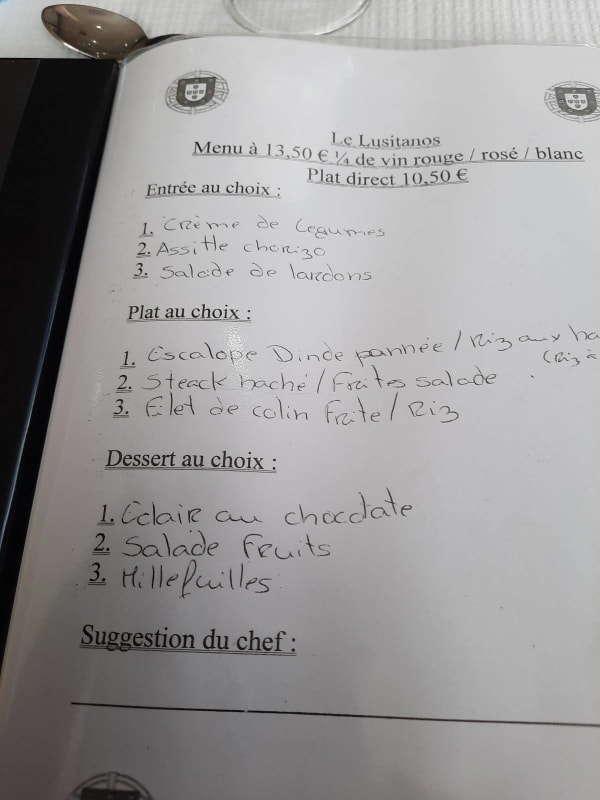 Bar Restaurant France Portugais — menu