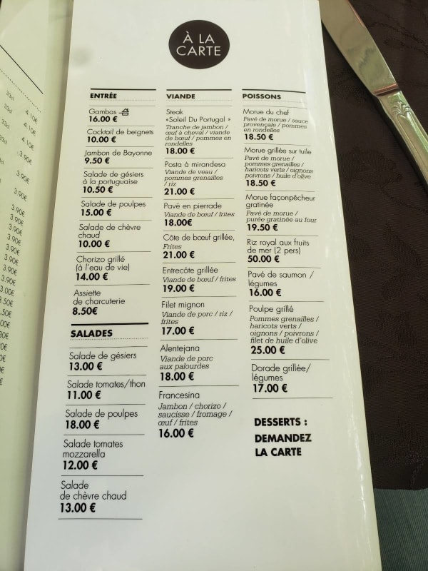 Le Soleil du Portugal — menu