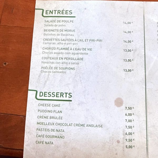 Les comptoirs de Lisbonne — menu