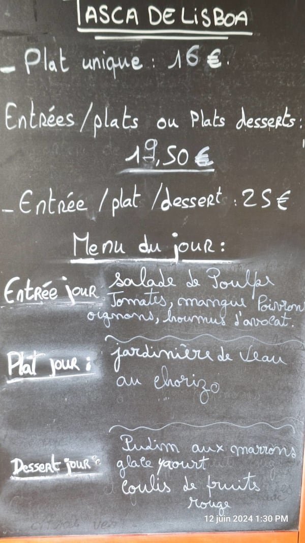 Tasca de Lisboa Plaisir — menu