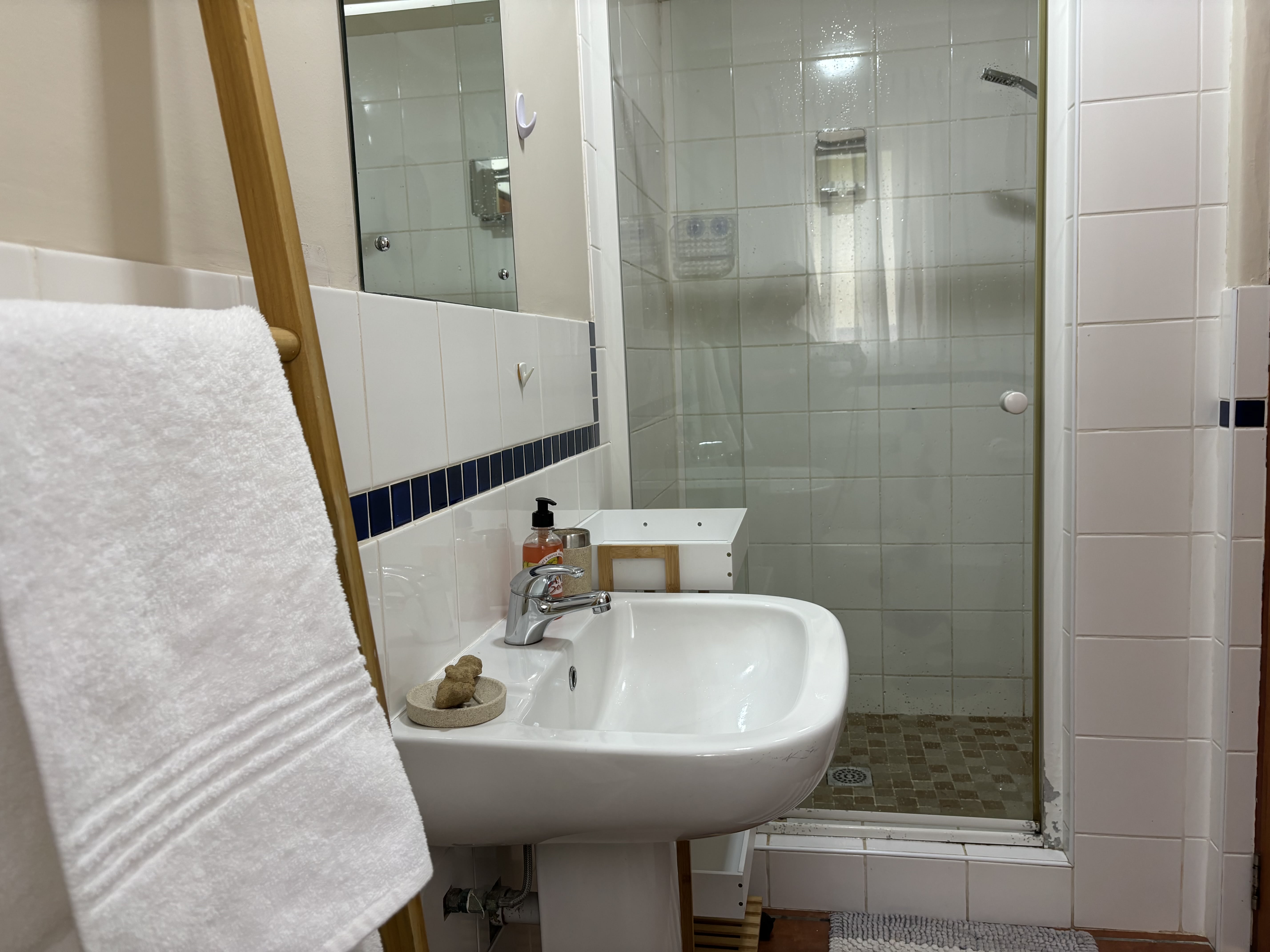 Shared bathroom with shower serving the Ocean View and Garden rooms