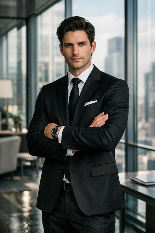 Elegant businessman in glass skyscraper office wearing tailored black suit and watch, confident pose, soft daylight, cinematic corporate portrait.