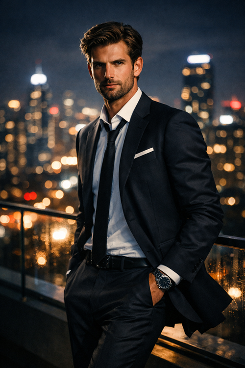 Elegant man in suit rooftop night city skyline portrait photography