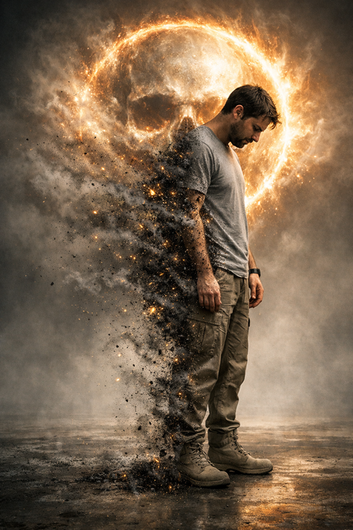 man disintegrating into particles under glowing skull energy halo cinematic portrait