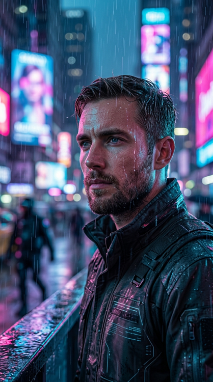 man standing in neon rain with glowing reflections and cyberpunk city lights