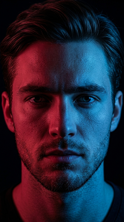 man face split between red and blue lighting with deep shadows