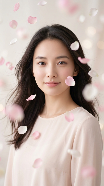 young woman surrounded by floating pink petals in soft light