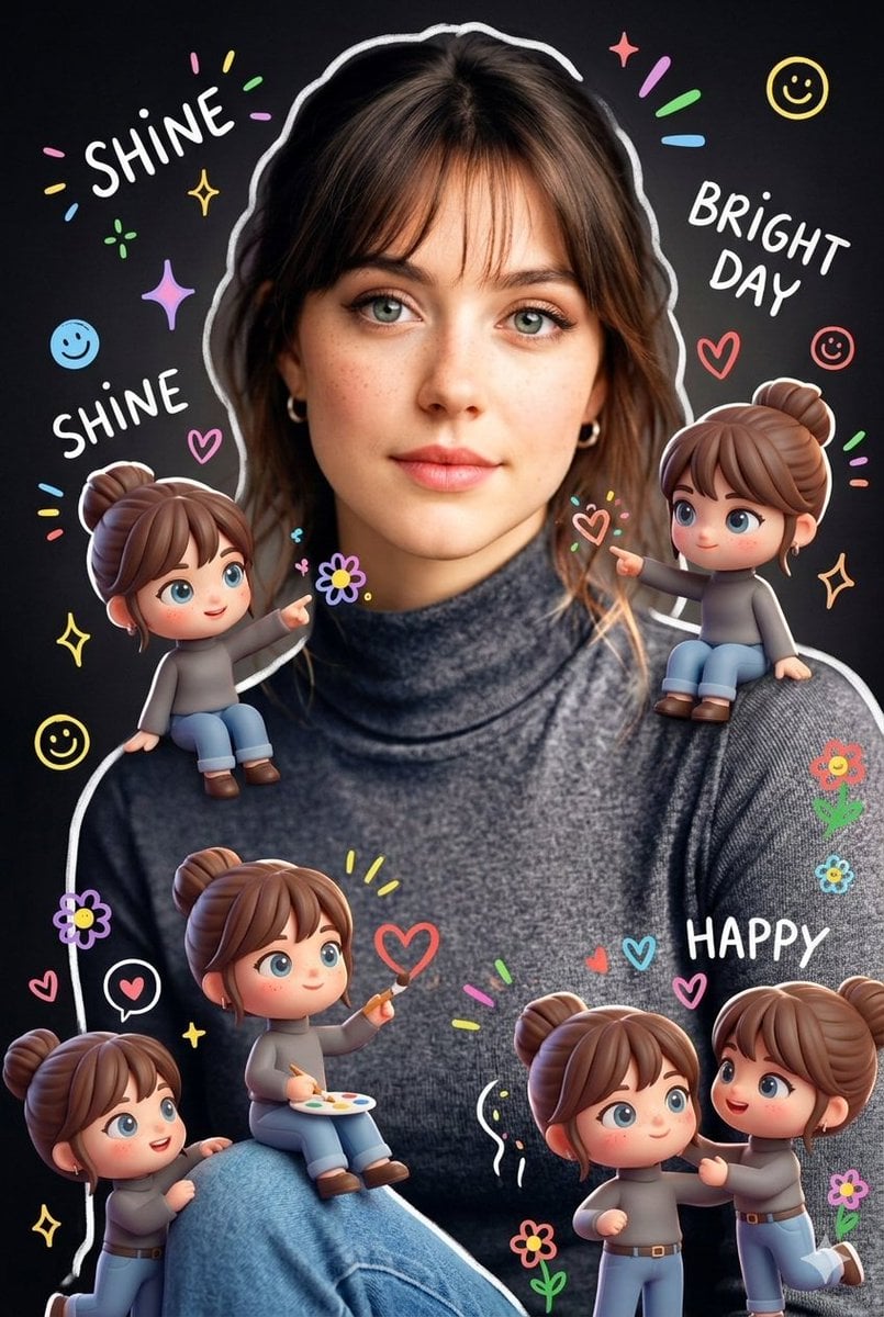 Hyper-realistic portrait of a woman surrounded by cute 3D chibi mini versions of herself, decorated with doodle effects, sparkles, hearts, flowers, and positive handwritten words in a colorful artistic style.