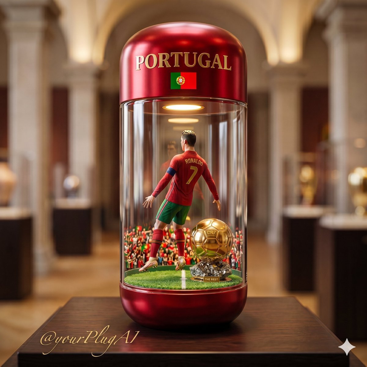 Hyper-realistic glass dome luxury capsule containing a miniature football stadium scene with a Ronaldo figure celebrating, displayed as a premium cinematic product render with gold metallic details.