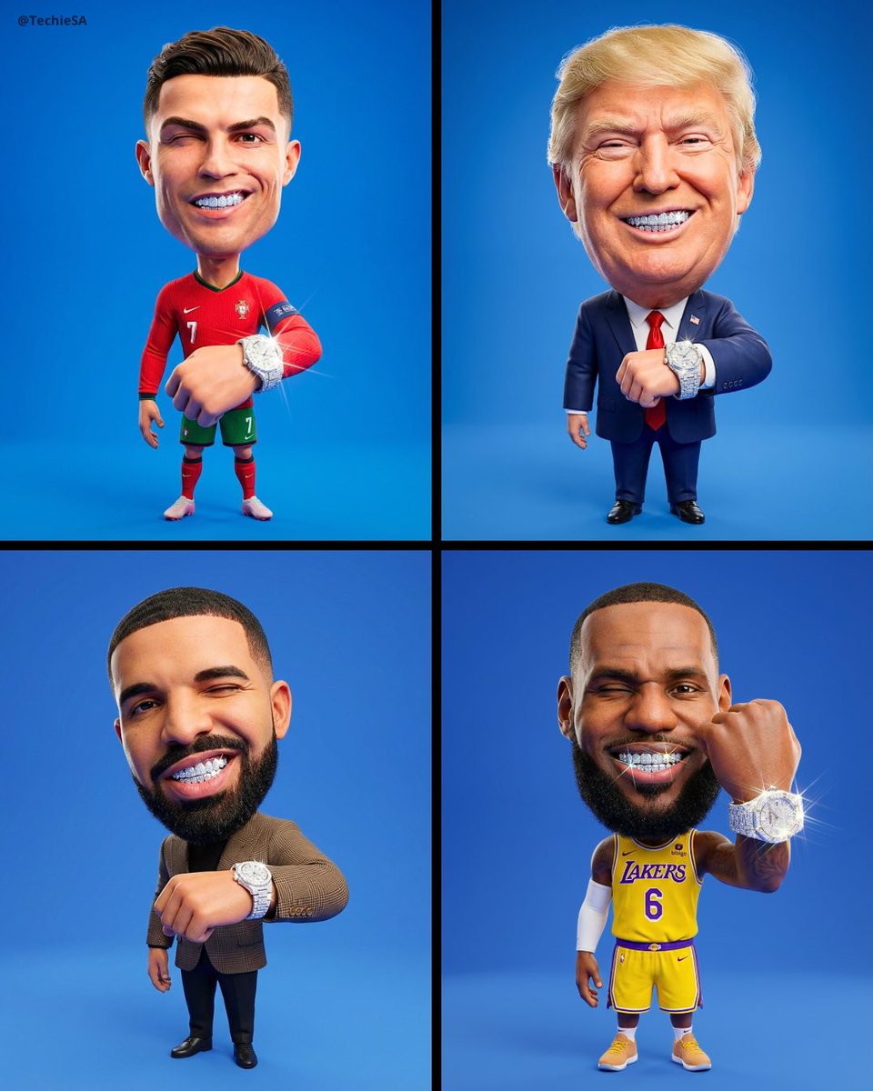 Ultra-detailed 3D caricature portrait of a confident man with exaggerated head proportions, diamond grillz, and luxury iced-out watch in a blue studio background.