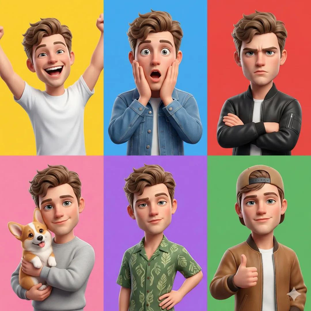 A colorful 6-panel grid featuring a Pixar-style 3D animated young male character with different outfits and facial expressions against bright vibrant backgrounds.