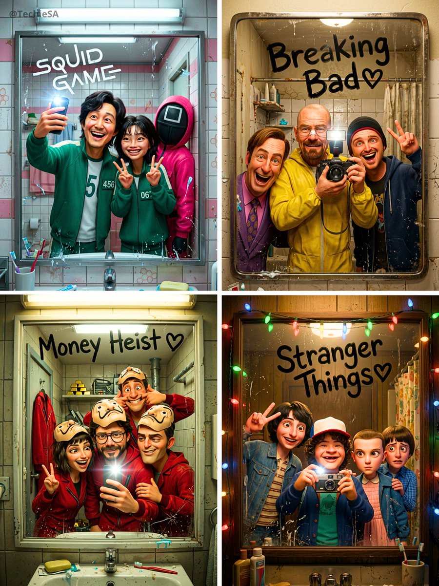 Pixar-style 3D CGI render of iconic movie or TV show characters taking a crowded bathroom mirror selfie with expressive cartoon features, cinematic lighting, and detailed themed background props.
