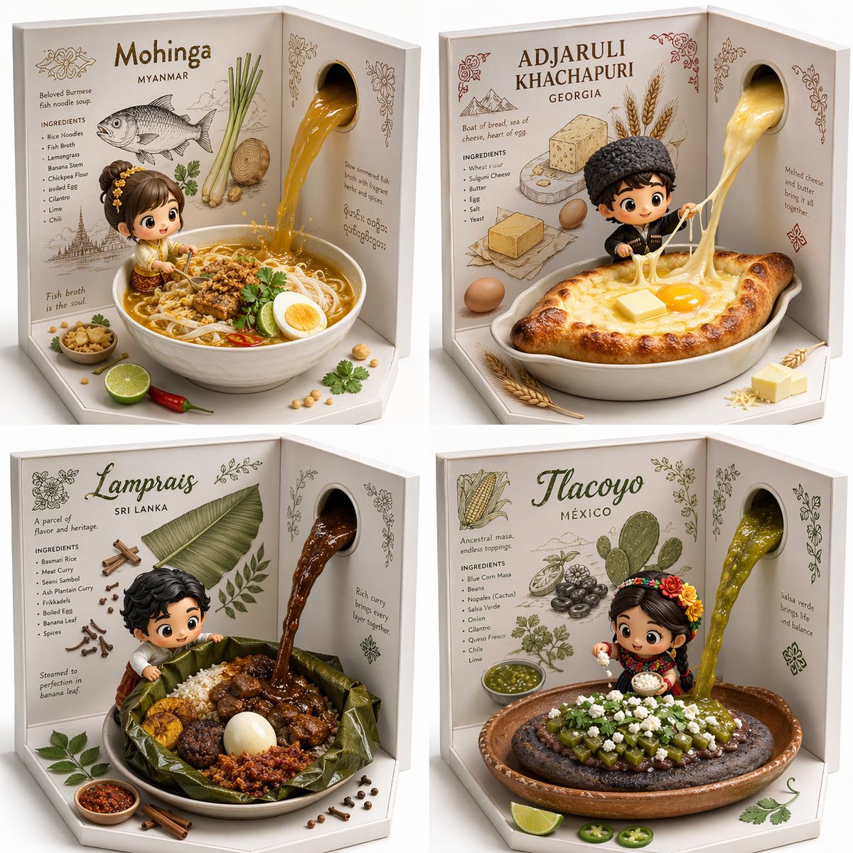 A colorful 2x2 grid of stylized international food dishes displayed inside open white box environments with kawaii mascots, glossy sauce effects, and cinematic 3D CGI food rendering.