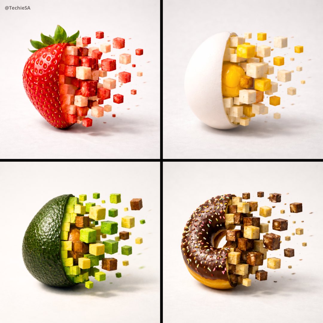 A minimalist food item transforming into floating 3D pixel cubes on a matte surface, showing hyperreal textures and ingredients in a cinematic close-up food photography style.