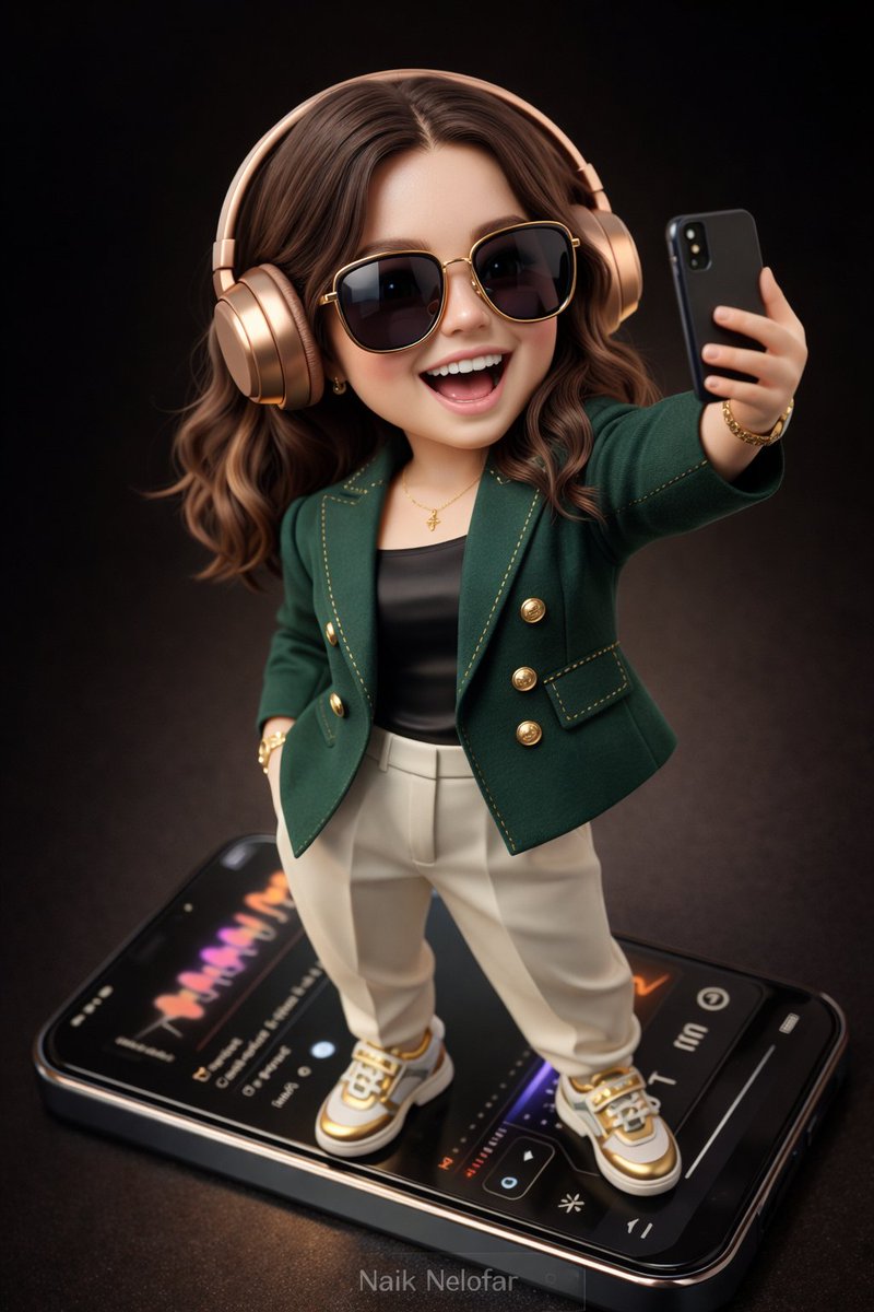 Luxury semi-realistic chibi character wearing high-end fashion standing on a giant smartphone, taking a selfie with headphones, rendered in cinematic 3D studio lighting with premium collectible toy aesthetic.