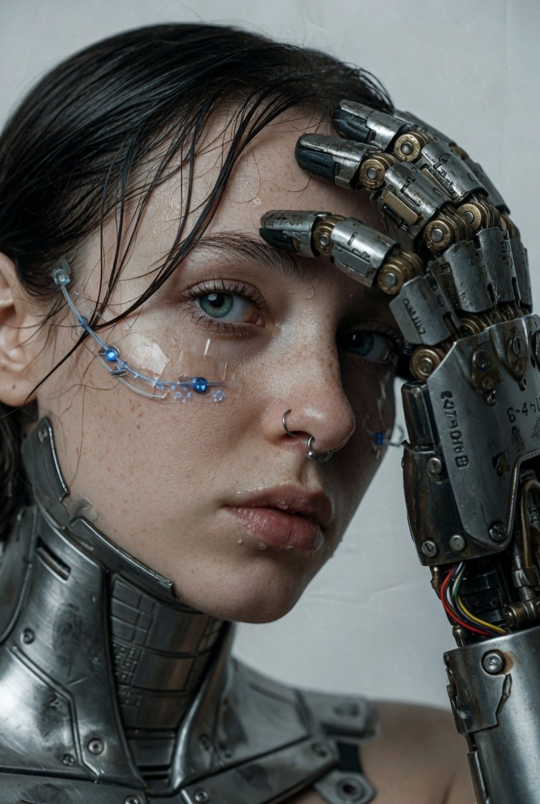 Hyper-realistic cyberpunk portrait of a young woman with blue-green eyes and cybernetic augmentations, featuring a mechanical prosthetic hand near her face in a cinematic moody studio lighting setup Thumbnail 2