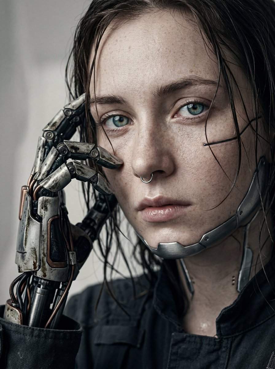 Hyper-realistic cyberpunk portrait of a young woman with blue-green eyes and cybernetic augmentations, featuring a mechanical prosthetic hand near her face in a cinematic moody studio lighting setup