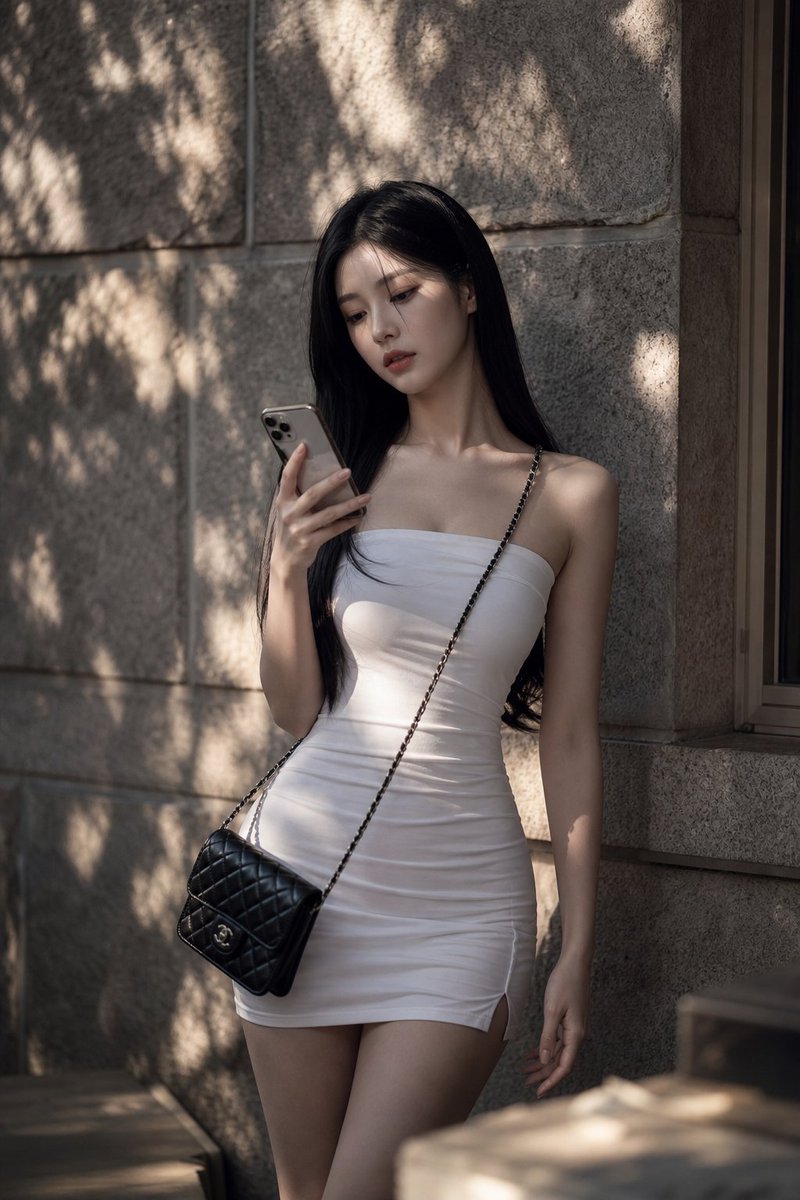 Cinematic editorial portrait of a Korean idol wearing a white strapless mini dress, standing near a stone wall with soft natural shadows, holding a phone with moody, luxurious fashion photography lighting.