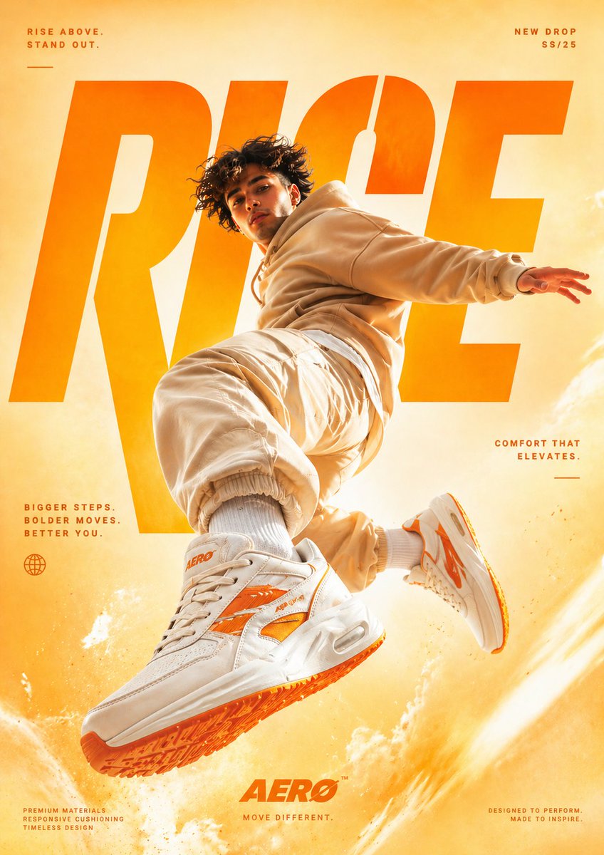 Cinematic sneaker advertisement poster showing a male model jumping mid-air wearing beige streetwear and white-orange sneakers, with bold “RISE†typography and modern commercial fashion styling.