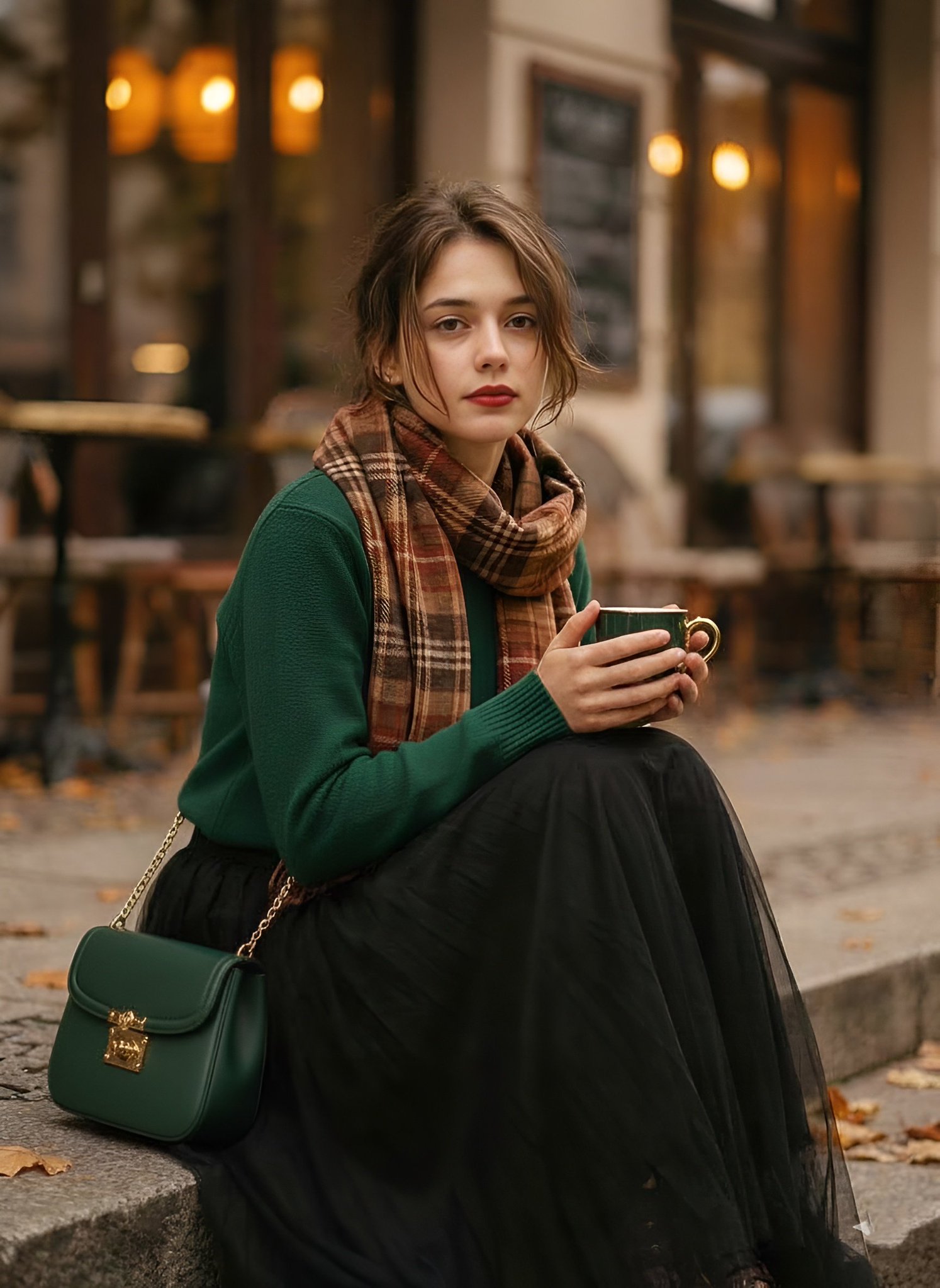 1970s Vintage Autumn Café Fashion Portrait – Cinematic Film Look Editorial Aesthetic Thumbnail 2