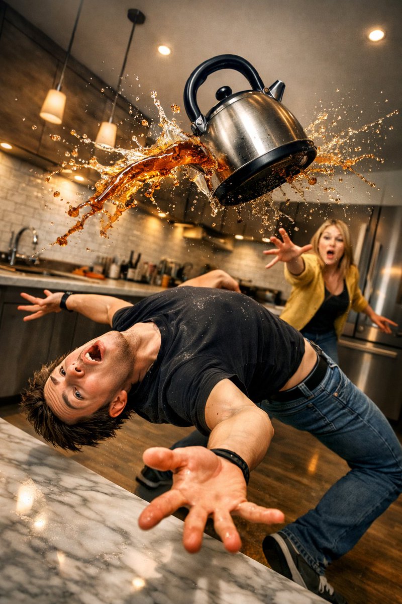 Surreal cinematic kitchen scene showing a man dodging a flying kettle with tea splash frozen in mid-air while a woman reacts in the background in a humorous dramatic moment.