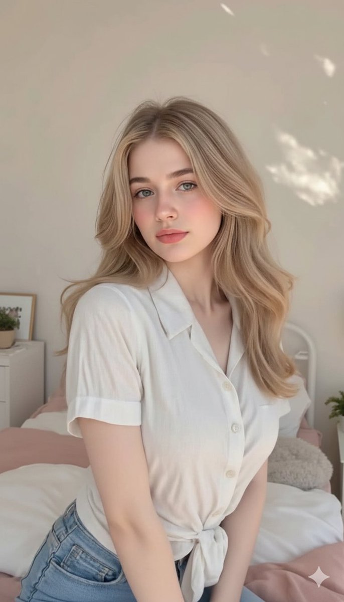 Hyper-realistic portrait of a young blonde woman sitting on a bed in a cozy, softly lit bedroom with natural sunlight and a calm expression.