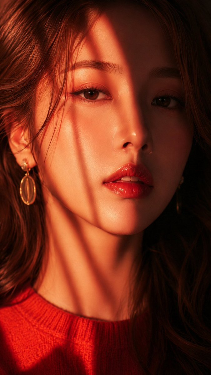 Close-up cinematic portrait of an East Asian woman with glossy red lipstick illuminated by warm sunlight through venetian blinds creating dramatic striped shadows.