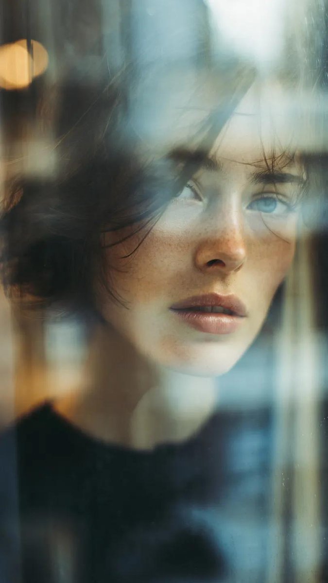 Cinematic layered portrait of a woman partially obscured behind a reflective glass window with soft city reflections and muted documentary-style tones.