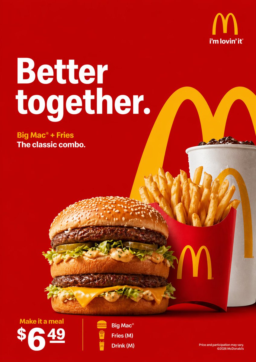 Premium McDonald’s-style advertisement featuring a realistic Big Mac combo meal with fries and drink on a bold red background with golden arches branding.