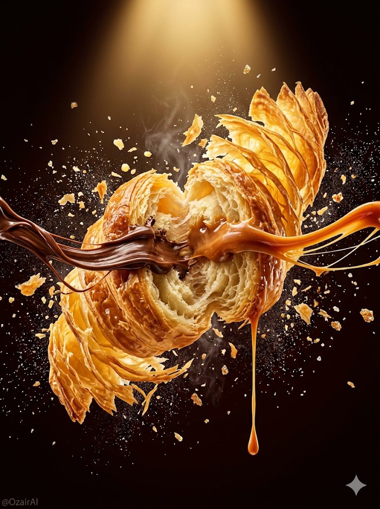 Cinematic floating dark chocolate explosion with caramel drizzle, cocoa powder smoke, and golden shimmer particles against a warm amber studio background.