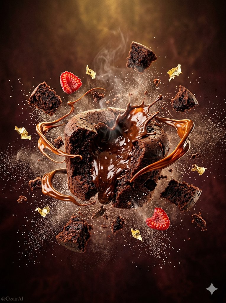 Cinematic floating dark chocolate explosion with caramel drizzle, cocoa powder smoke, and golden shimmer particles against a warm amber studio background. Thumbnail 2
