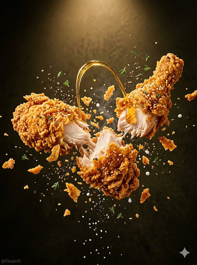 Cinematic floating dark chocolate explosion with caramel drizzle, cocoa powder smoke, and golden shimmer particles against a warm amber studio background. Thumbnail 3