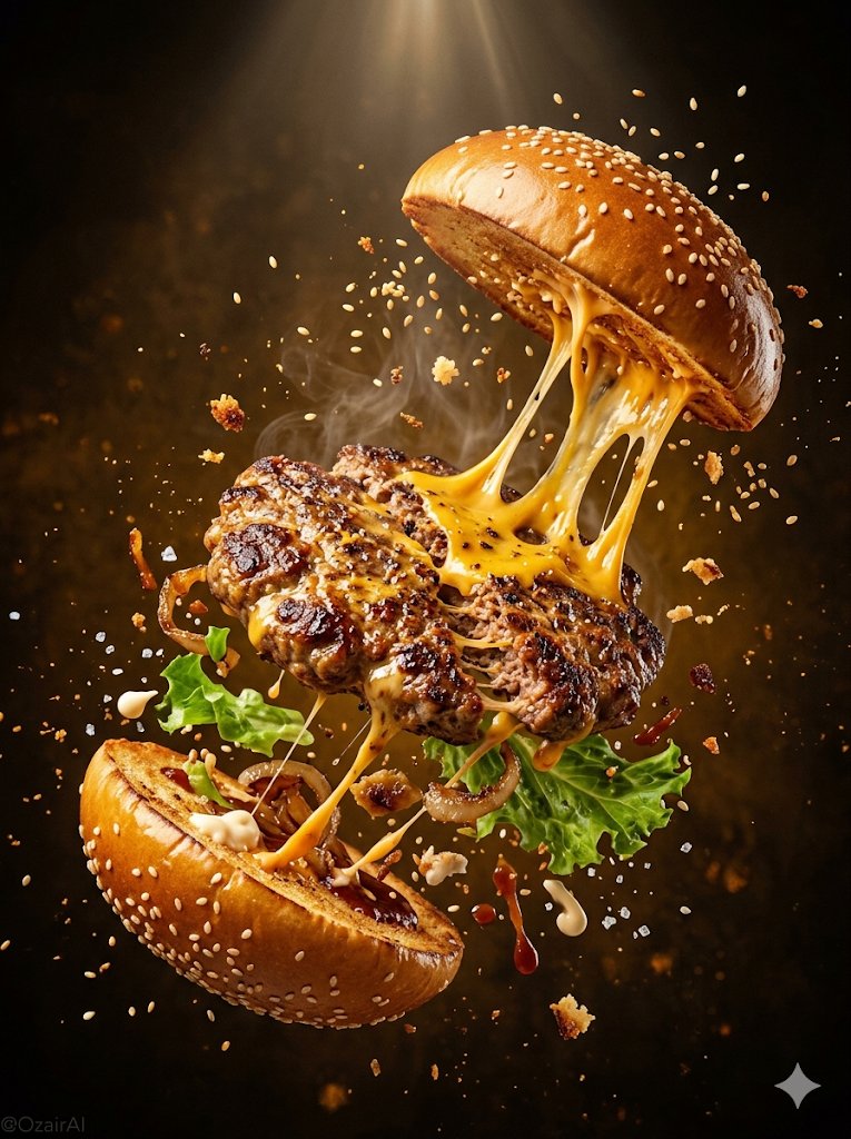 Cinematic floating dark chocolate explosion with caramel drizzle, cocoa powder smoke, and golden shimmer particles against a warm amber studio background. Thumbnail 4
