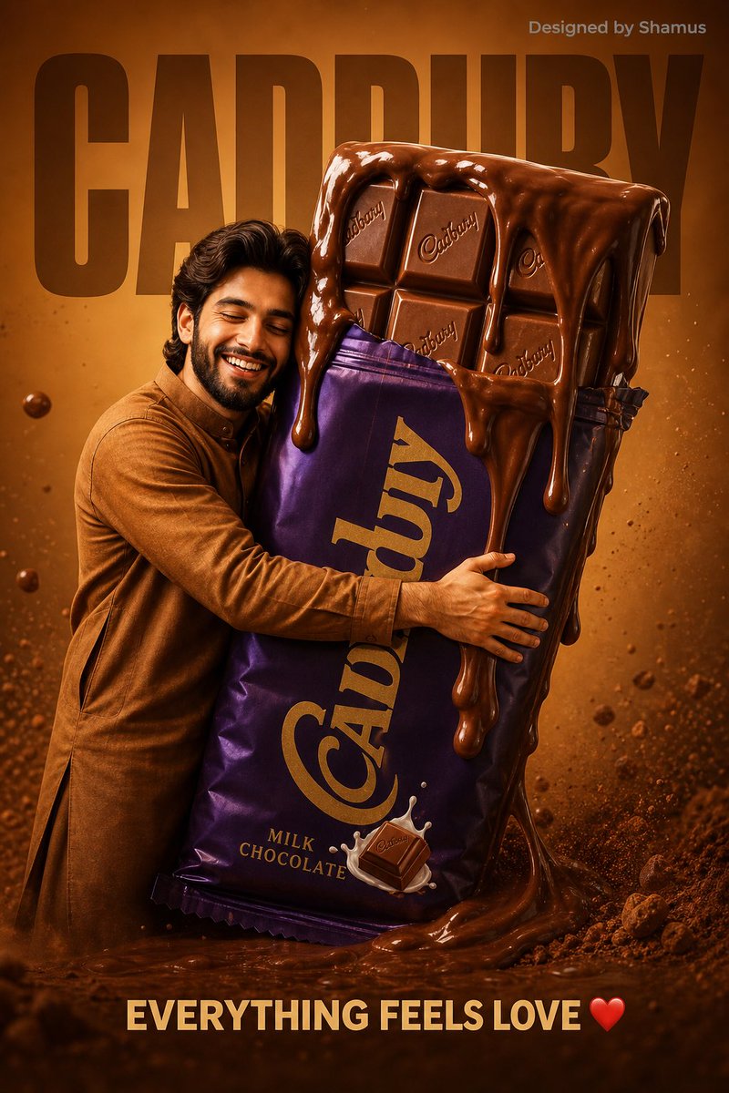 Playful cinematic advertisement of a happy Kashmiri man hugging a giant Cadbury chocolate bar with melted chocolate and warm caramel studio lighting.