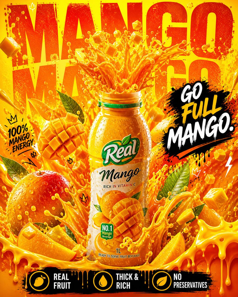 Hyper-realistic mango juice advertisement featuring a bottle bursting with fruit explosion, thick pulp, and tropical liquid chaos in a cinematic commercial style. Thumbnail 2