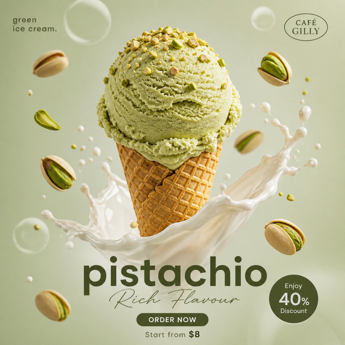 Hyper-realistic luxury pistachio ice cream cone advertisement with floating nuts, creamy texture, and cinematic studio lighting in a premium commercial poster style. Thumbnail 4