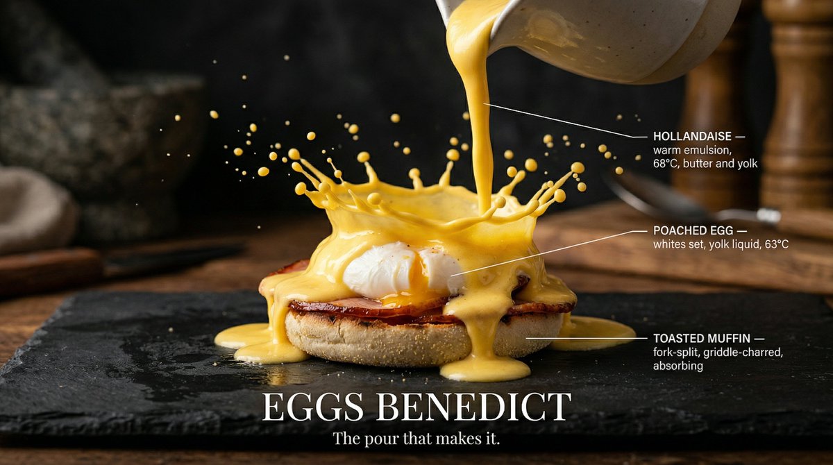 Ultra high-speed cinematic food photography of a gourmet dish with a dramatic liquid pour frozen mid-air, splashing droplets, and warm studio lighting in editorial style.