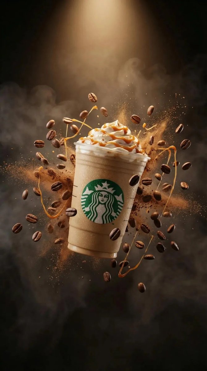 Ultra-realistic floating caramel frappuccino with whipped cream, coffee bean explosion, and swirling caramel trails under dramatic studio lighting. Thumbnail 2