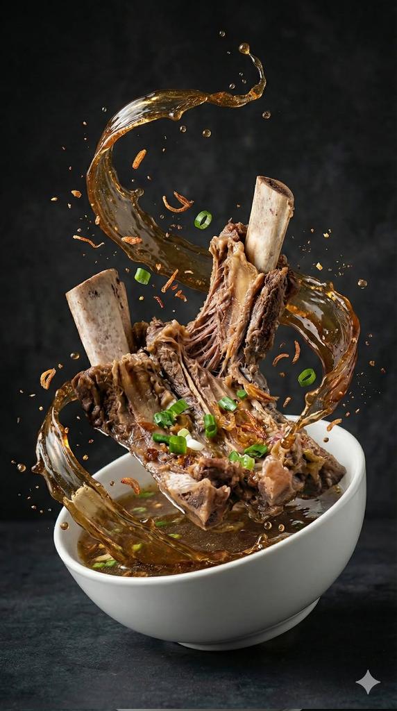 Hyper-realistic cinematic spicy meat soup explosion with floating bone-in meat, swirling curry broth, spices, and steam in dramatic dark studio lighting. Thumbnail 3