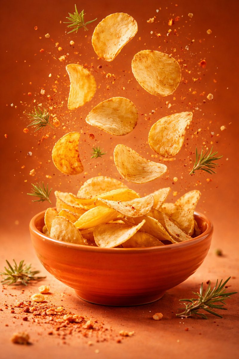 Three hyper-realistic cinematic food photography scenes showing floating tortilla wraps, potato chips explosion, and beef noodle soup with steam in studio lighting. Thumbnail 4